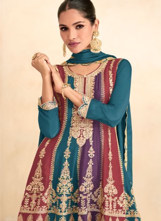 Multi Colour Chinon Embroidered, Resham and Zari Work Salwar Suit for Women