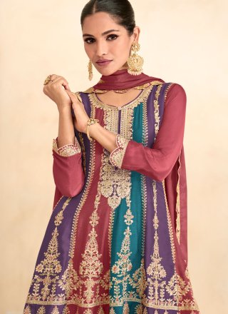 Multi Colour Chinon Readymade Salwar Suit with Embroidered, Resham and Zari Work for Women
