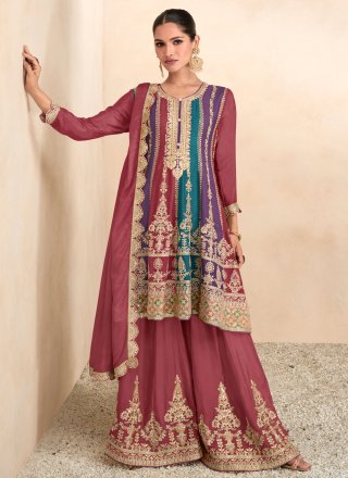 Multi Colour Chinon Readymade Salwar Suit with Embroidered, Resham and Zari Work for Women