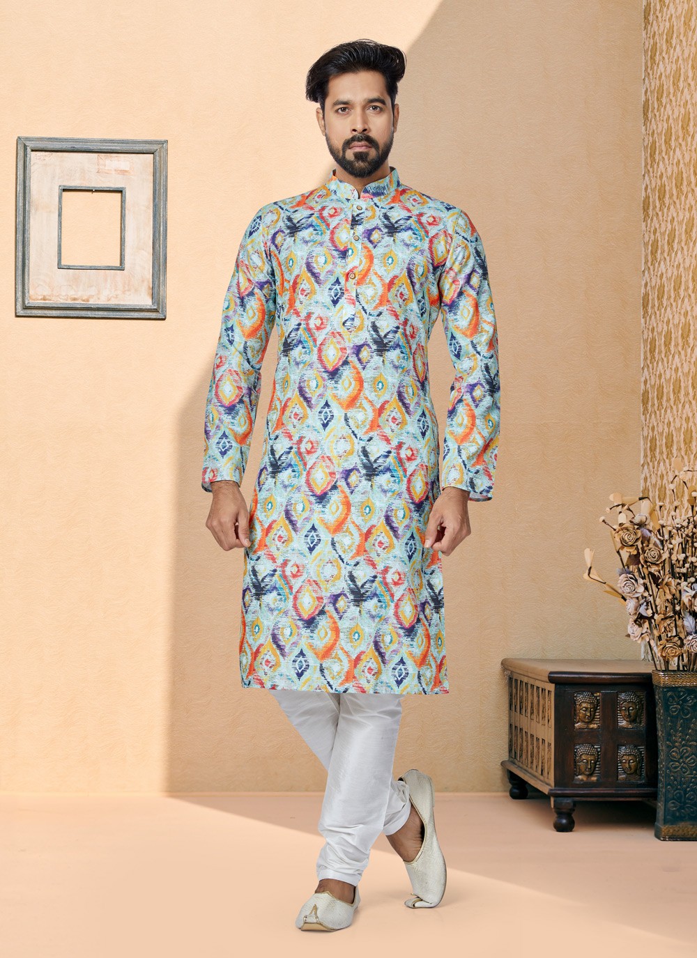 Multi Colour Cotton Digital Print Kurta Pyjama buy online Mens