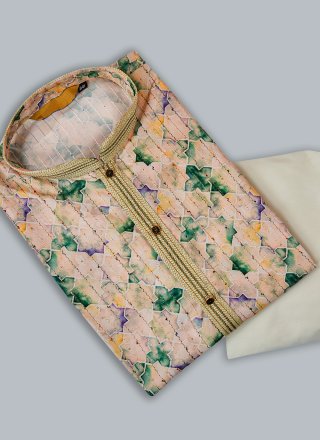 Multi Colour Cotton Digital Print, Sequins and Thread Work Kurta Pyjama