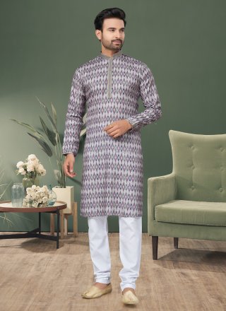 Multi Colour Cotton Digital Print, Sequins and Thread Work Kurta Pyjama for Men