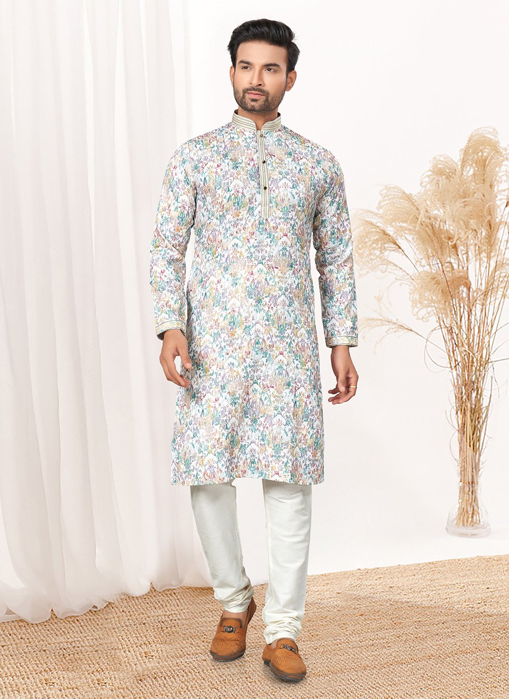 Multi Colour Cotton Kurta Pyjama with Digital Print Sequins and Thread Work for Ceremonial