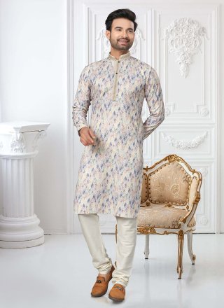 Multi Colour Cotton Kurta Pyjama with Digital Print, Sequins and Thread Work for Men