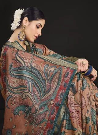 Multi Colour Tussar Silk Designer Saree with Digital Print Work