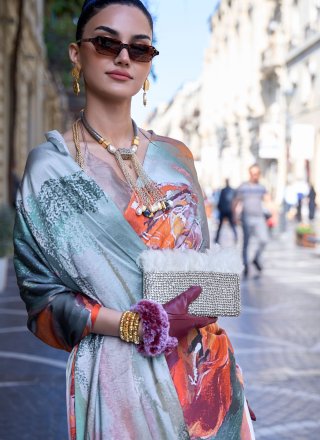 Multi Colour Faux Crepe Contemporary Sari with Digital Print Work