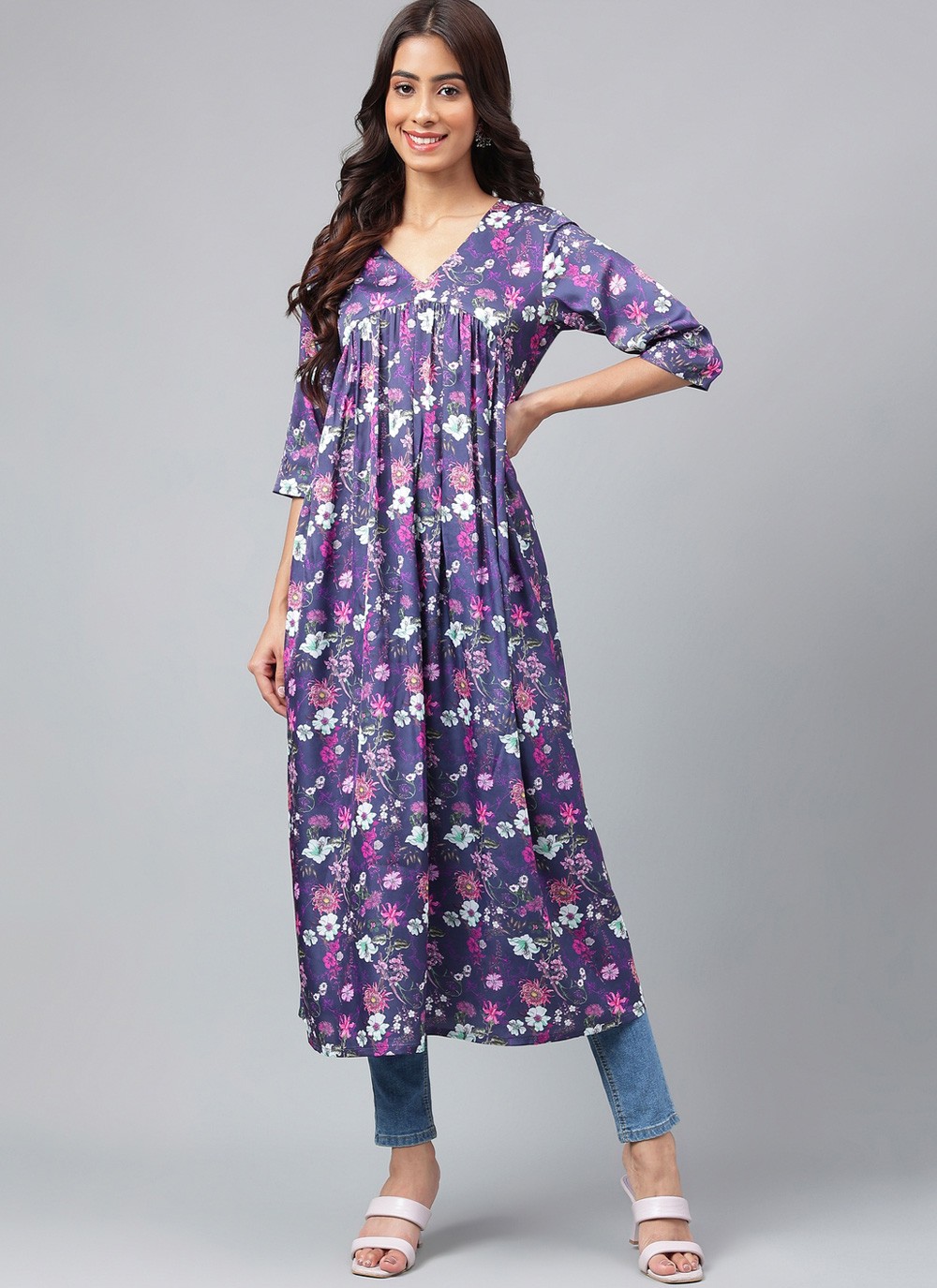 Shop Multi Colour Floral Print Satin Party Wear Kurti Online 269960 Kurtis