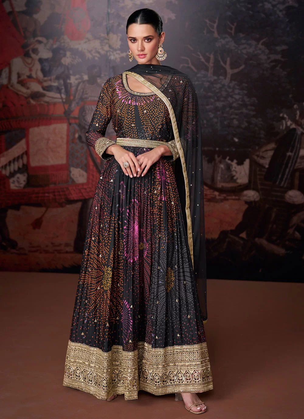 Multi Colour Georgette Digital Print and Embroidered Work Salwar Suit for Women