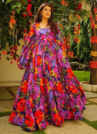 Multi Colour Georgette Digital Print Work  Designer Gown for Ceremonial