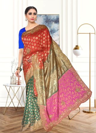 Hand Work Kanjivaram Silk Classic Sari In Multi Colour