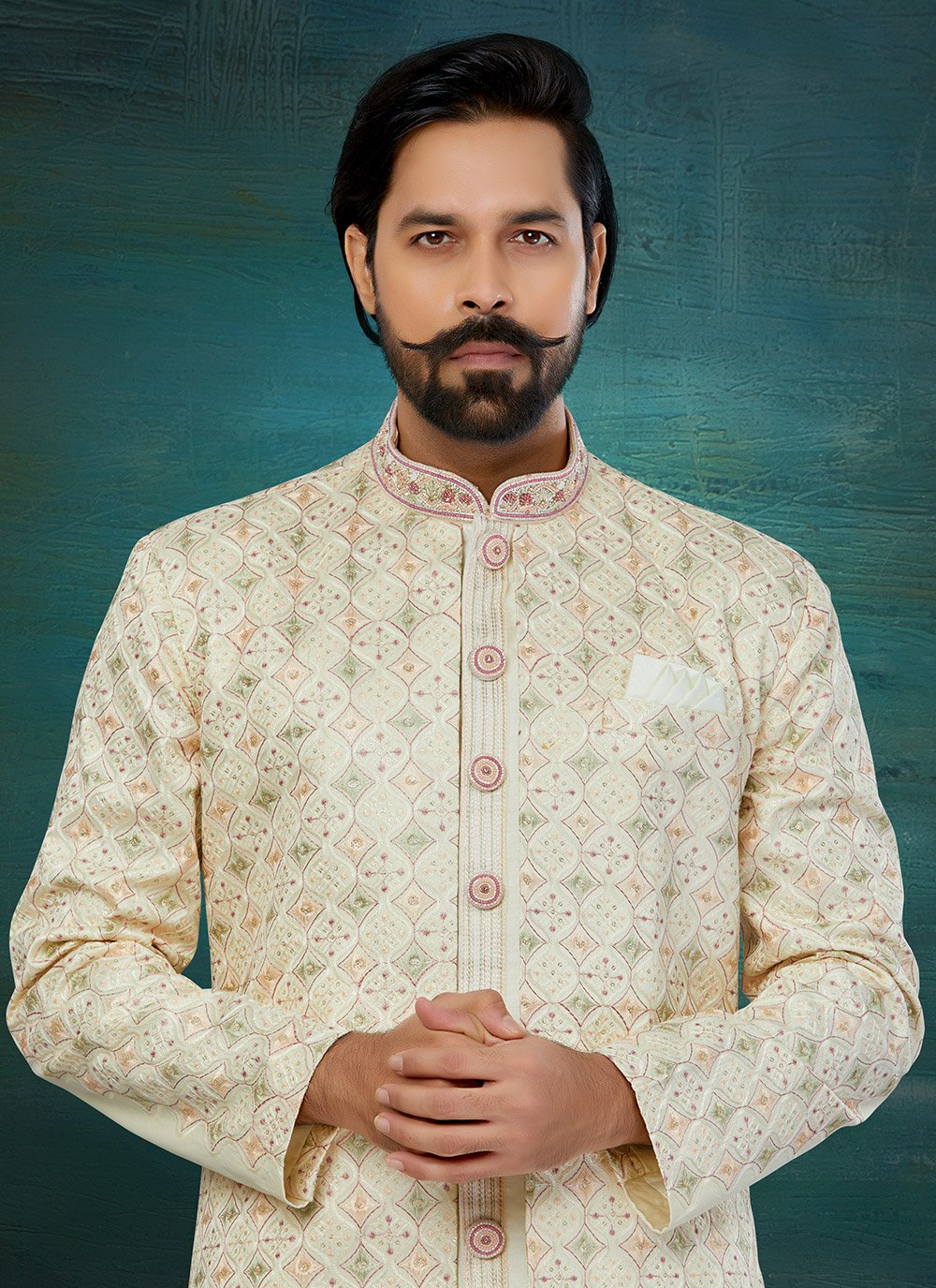 Buy Multi Colour Lucknowi Chikankari Work Indo Western Sherwani Online ...