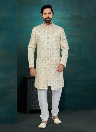 Multi Colour Lucknowi Chikankari Work Indo Western Sherwani