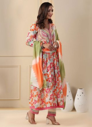 Multi Colour Muslin Mirror, Print and Thread Work Readymade Salwar Suit for Ceremonial