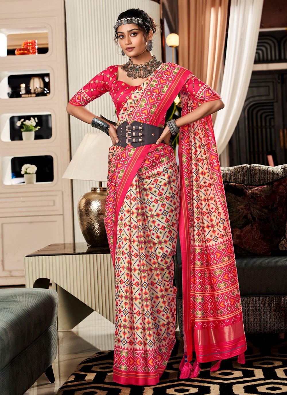 Multi Colour Patola Silk Patola Print Work Contemporary Sari for Ceremonial Multi Colour Patola Silk Patola Print Work Contemporary Sari for Ceremonial