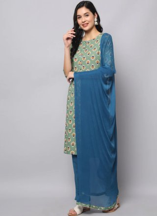Multi Colour Print Work Cotton Pant Style Suit