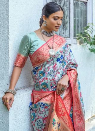 Multi Colour Printed Banarasi Silk Designer Saree