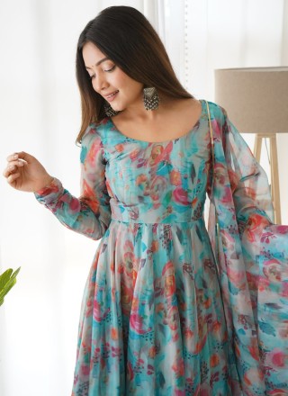 Multi Colour Printed Silk Readymade Anarkali Salwar Suit