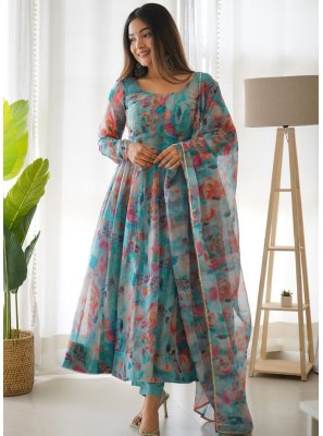 Multi Colour Printed Silk Readymade Anarkali Salwar Suit