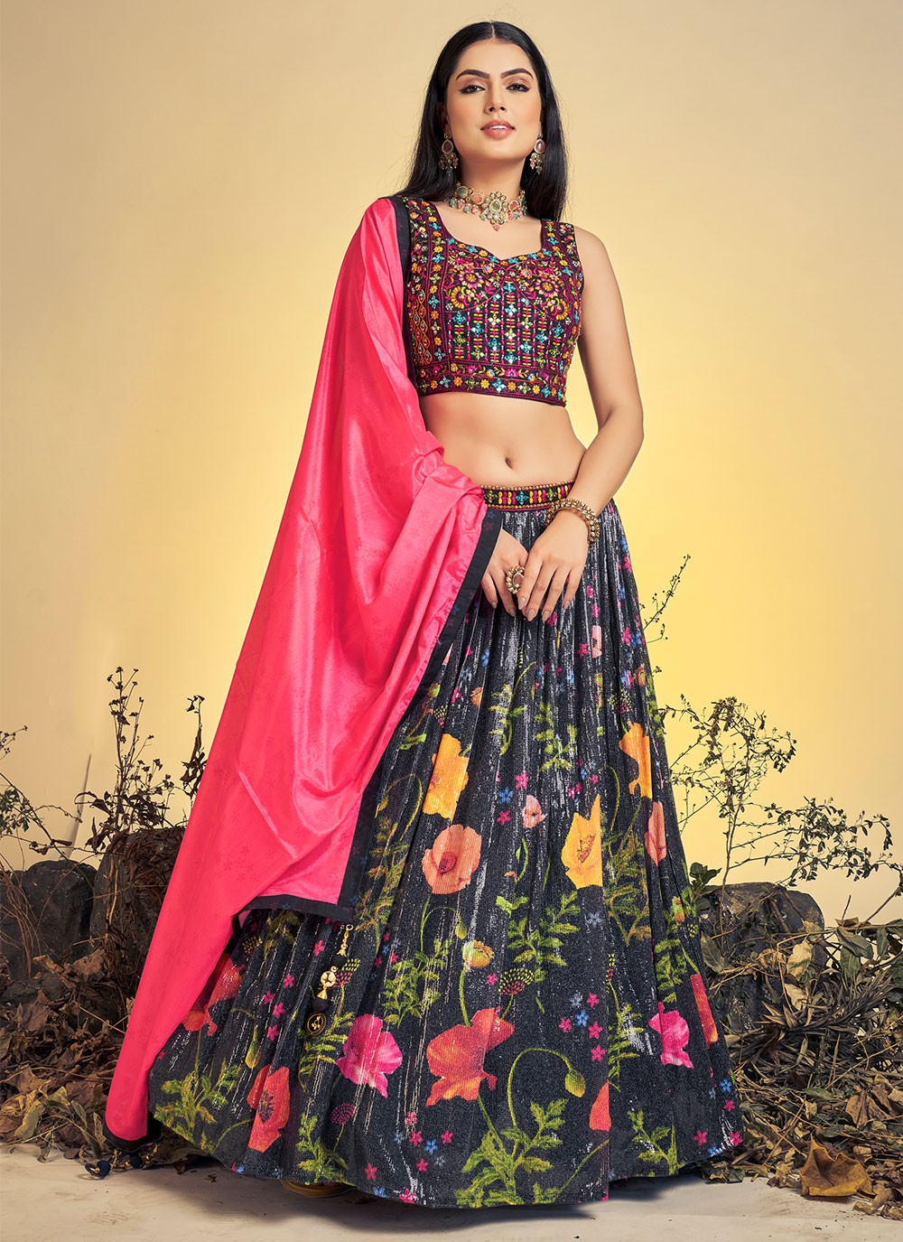 Charming Rani Pink Designer Banarasi Silk Printed Lehenga Choli - RJ Fashion