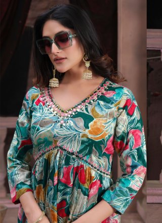 Multi Colour Rayon Hand and Print Work Salwar Suit