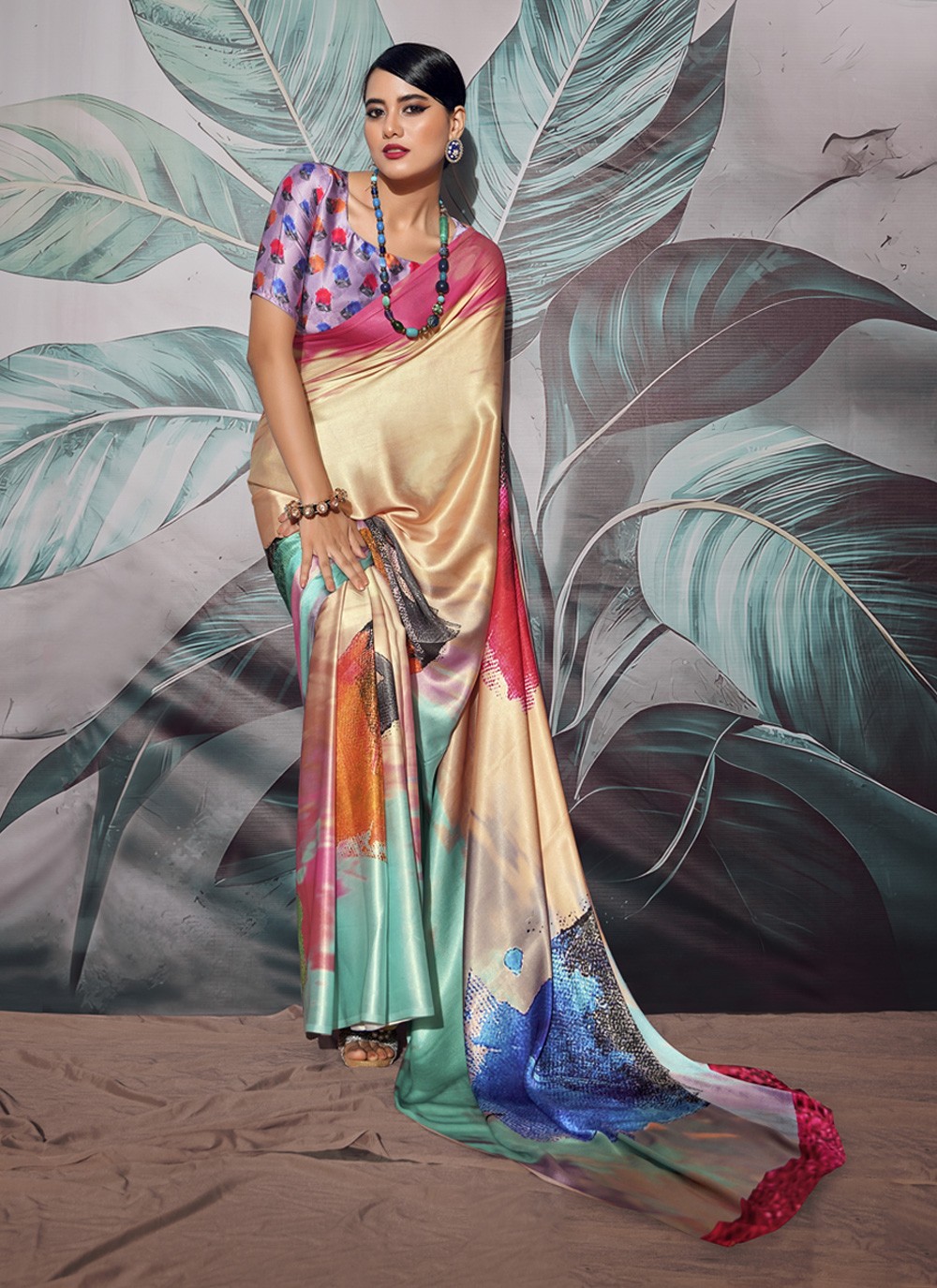 Buy Multi Colored Satin Silk Ready To Wear Saree With Blouse