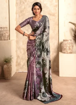 Multi Colour Satin Silk Classic Saree with Print Work for Women