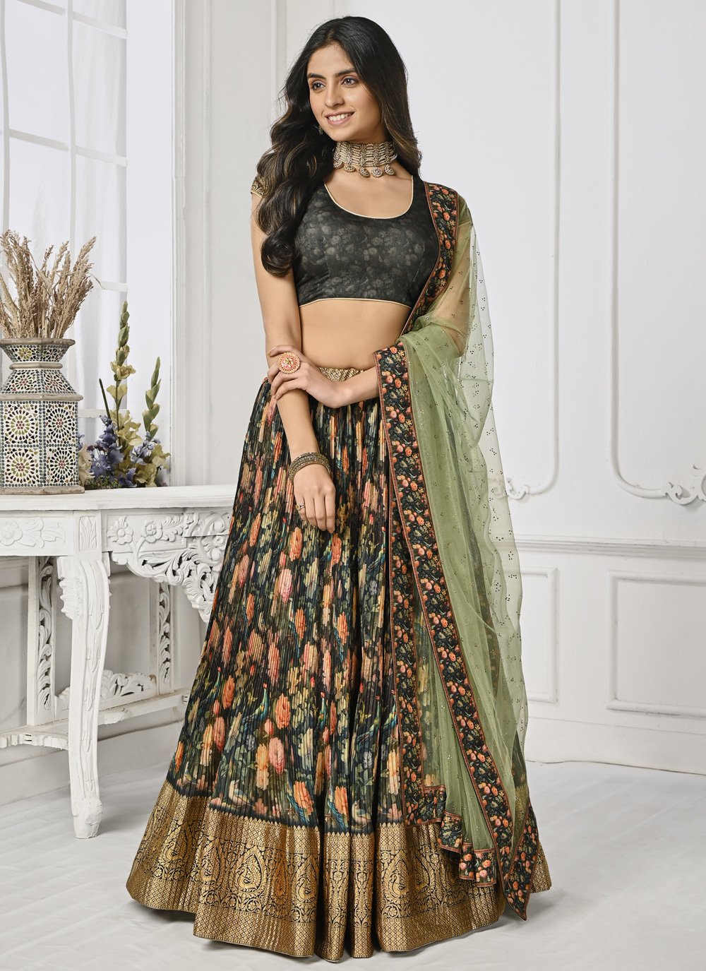 Buy Digital Printed Lehenga Choli Online - Pearl White Bangalore Satin Silk Lehenga  Choli with Digital Floral Motif