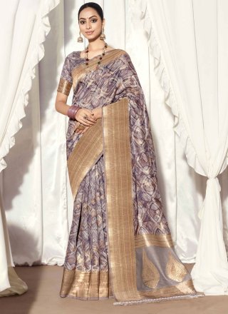 Grey Silk Patch Border and Embroidered Work Contemporary Saree for Women