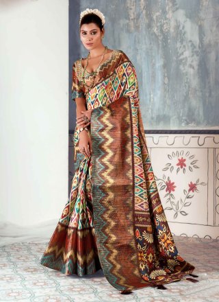 Multi Colour Tussar Silk Casual Sari with Print Work for Festival
