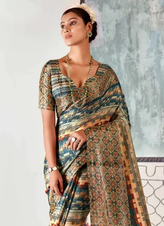 Multi Colour Tussar Silk Classic Saree with Print Work for Women