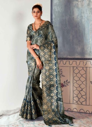 Multi Colour Tussar Silk Contemporary Saree with Print Work for Festival