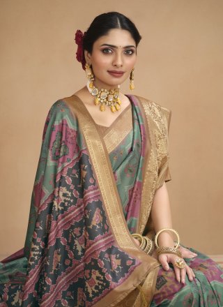 Digital Print Work Tussar Silk Designer Sari In Multi Colour
