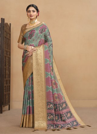 Digital Print Work Tussar Silk Designer Sari In Multi Colour