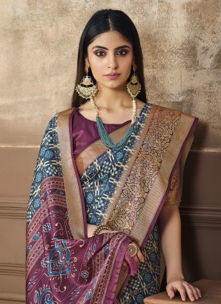 Multi Colour Tussar Silk Designer Sari with Digital Print Work for Ceremonial