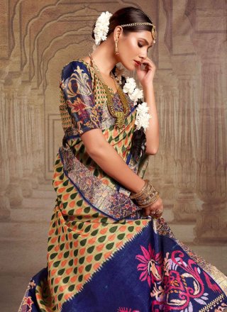 Multi Colour Tussar Silk Print Work Trendy Saree