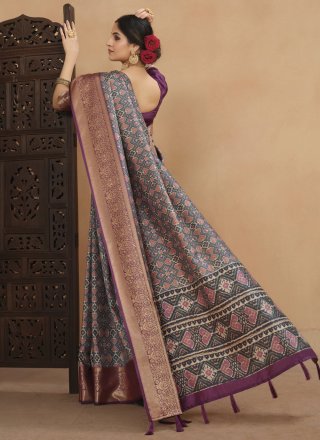 Multi Colour Tussar Silk Trendy Saree with Digital Print Work for Women