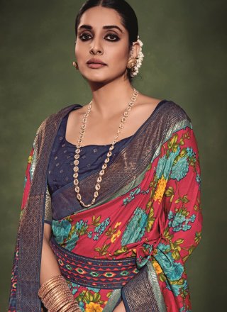 Multi Colour Tussar Silk Trendy Saree with Print Work