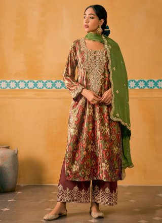 Multi Colour Velvet Digital Print and Embroidered Work Pakistani Salwar Suit for Ceremonial