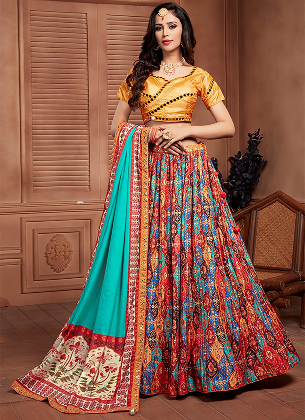 Multi Colour Silk Embroidered Lehenga Choli -