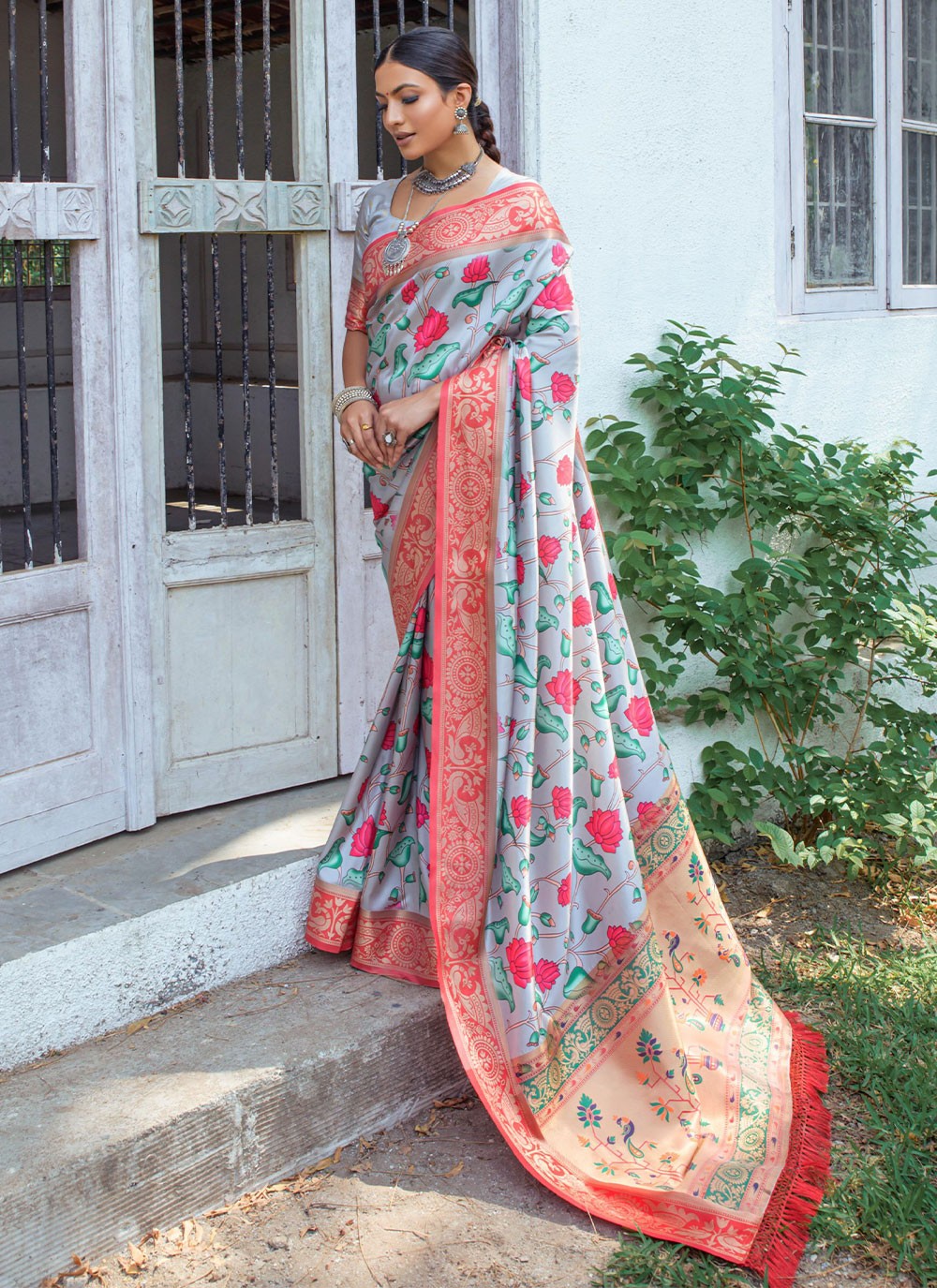 Mehendi embroidered fancy fabric saree with blouse - Shangrila Designer -  3279715