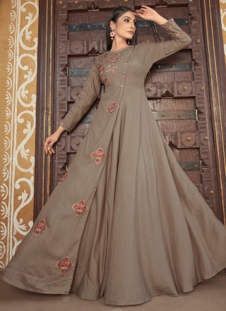 Muslin Embroidered Readymade Gown in Brown