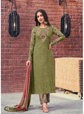 Muslin Green Embroidered Pant Style Suit