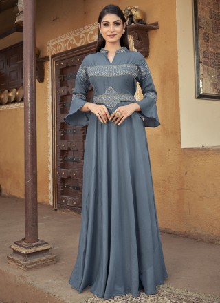 Muslin Grey Embroidered Gown 