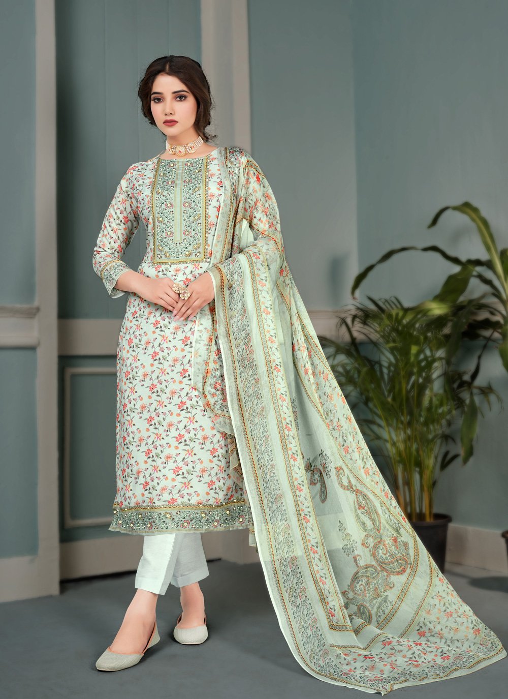 Muslin Pant Style Suit in Sea Green