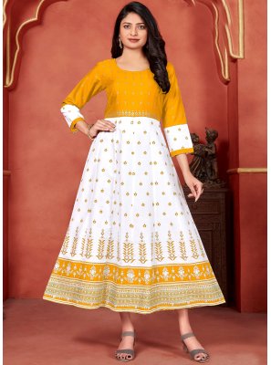 Mustard and White Foil Print Party Wear Kurti