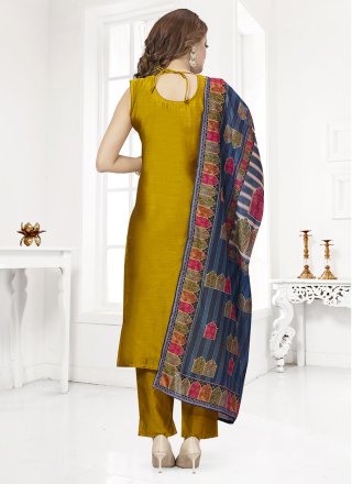 Mustard Chanderi Silk Embroidered and Mirror Work Salwar Suit