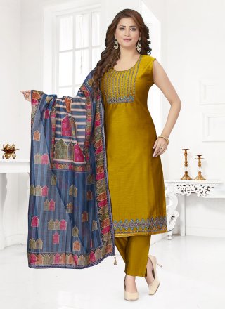 Mustard Chanderi Silk Embroidered and Mirror Work Salwar Suit