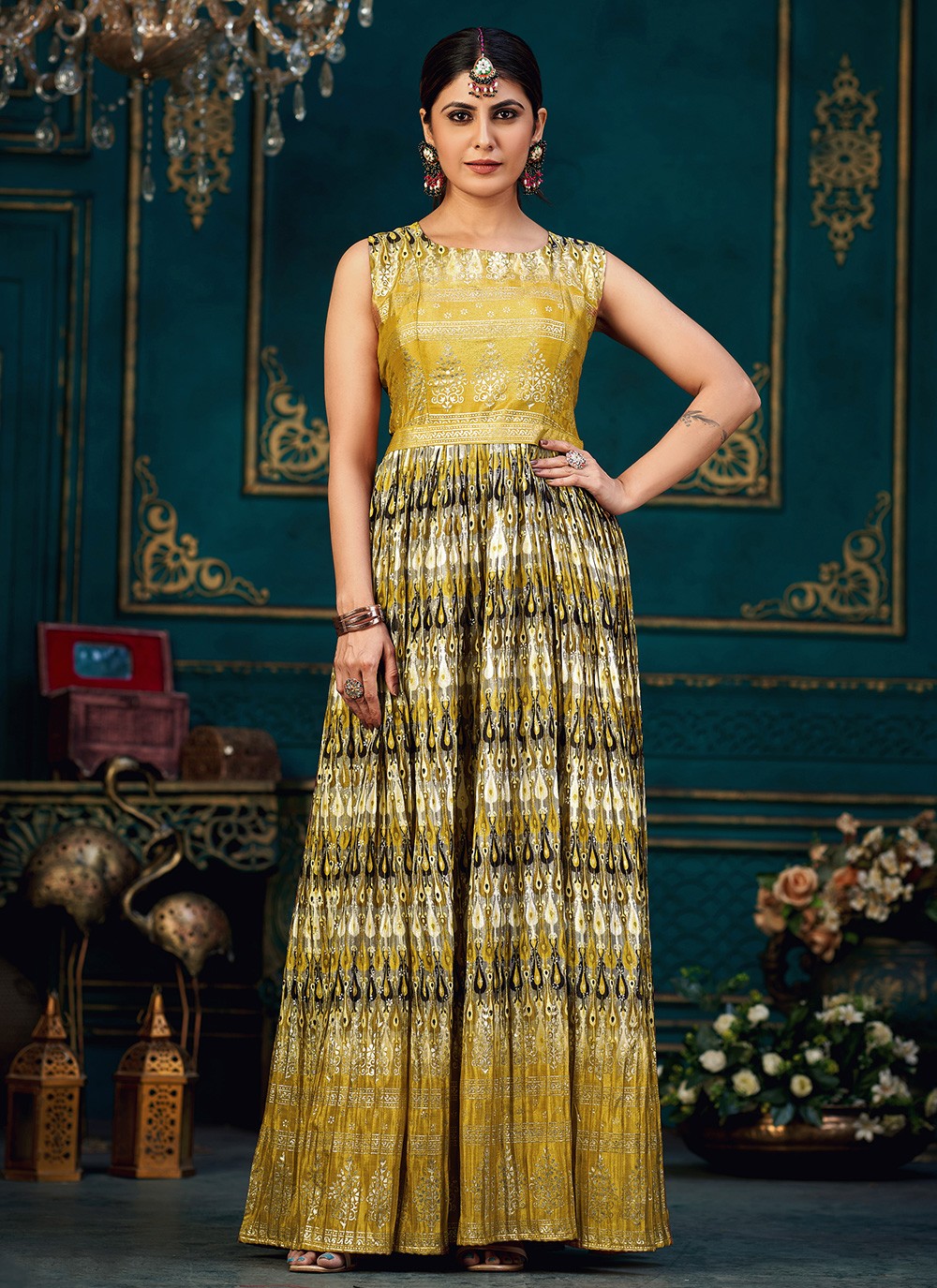 Buy Miss Chase Mustard Ruffled Sleeve Embellished Gown for Women Online @  Tata CLiQ