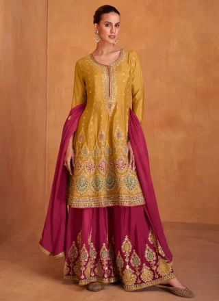 Mustard Chinon Readymade Salwar Suit with Embroidered and Resham Work