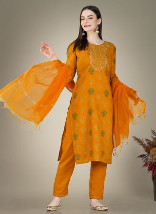 Mustard Cotton Readymade Salwar Suit with Embroidered and Sequins Work for Women
